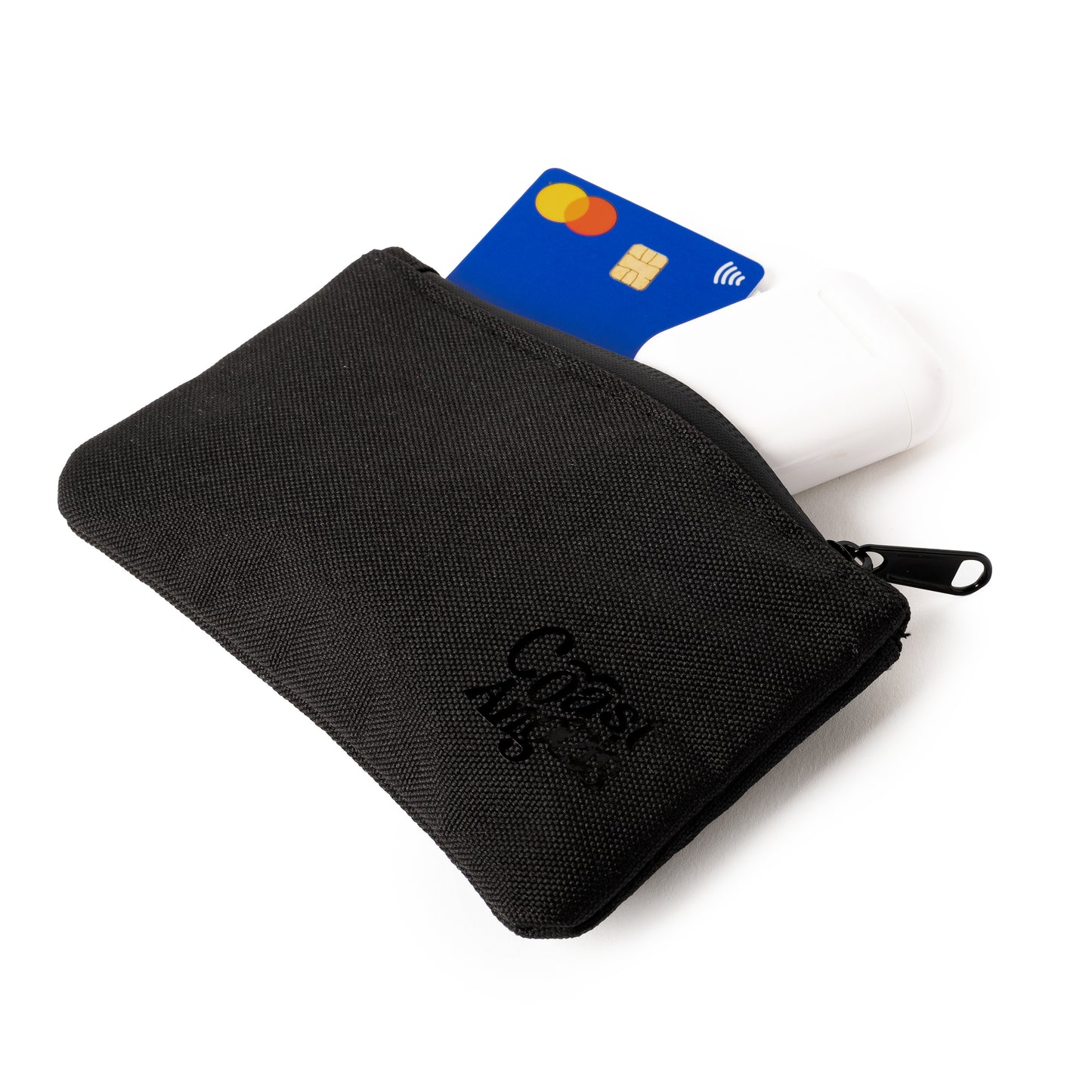 Black Coast Angels zippered pouch with a card and money on a white background