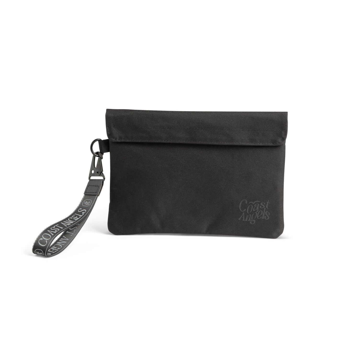 Black Coast Angels Soho pouch with a fold-over top and detachable logo wrist strap, photographed against a white background to highlight its minimalist, discreet design