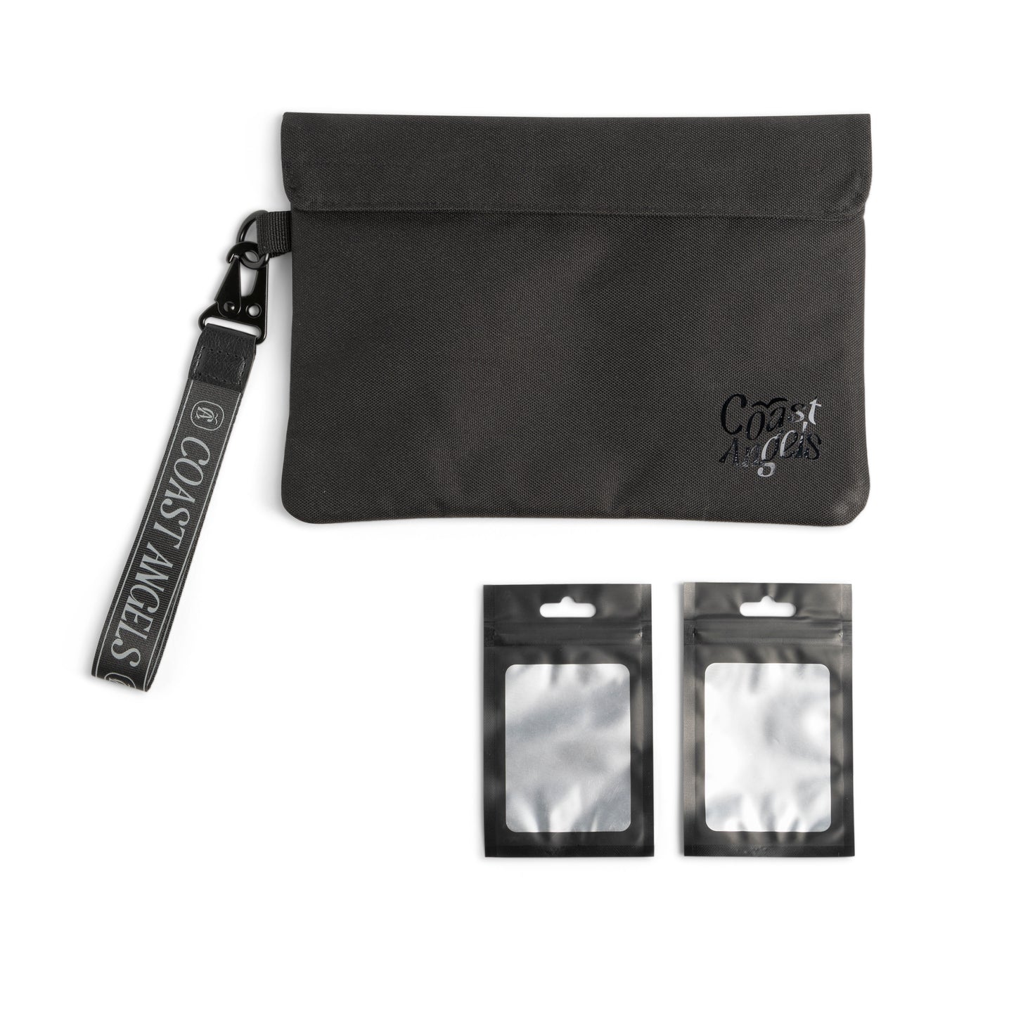 Black Coast Angels Soho pouch with a fold-over top and detachable logo wrist strap, photographed against a white background to highlight its minimalist, discreet design alongside 2 small PVC bags.