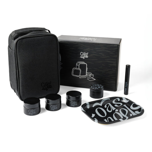 Coast Angels Hackney Smell Proof Kit displayed on a white background, featuring a complete set with smell-proof bag, Doob Tube, and rolling accessories for organized, discreet storage.