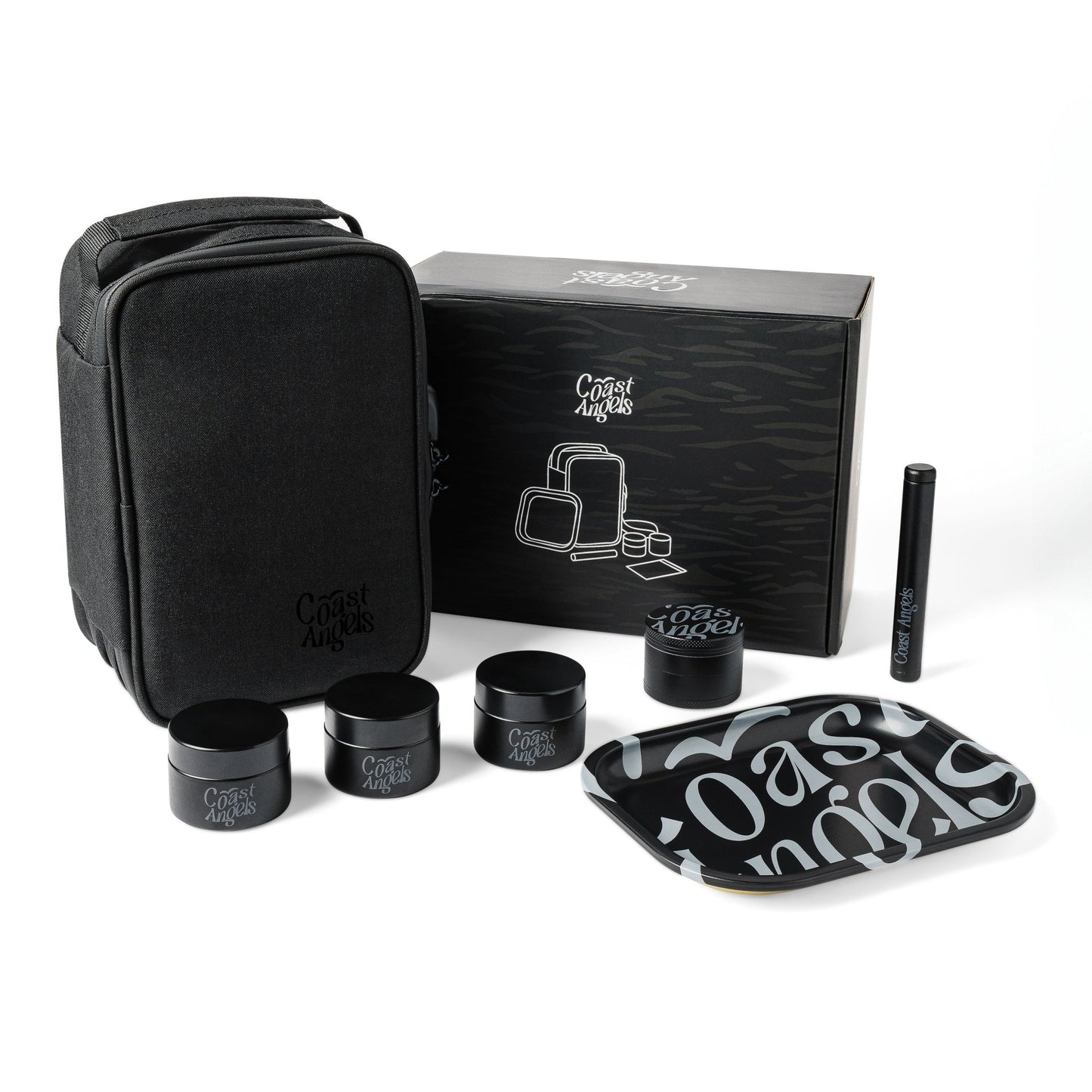 Coast Angels Hackney Smell Proof Kit displayed on a white background, featuring a complete set with smell-proof bag, Doob Tube, and rolling accessories for organized, discreet storage.