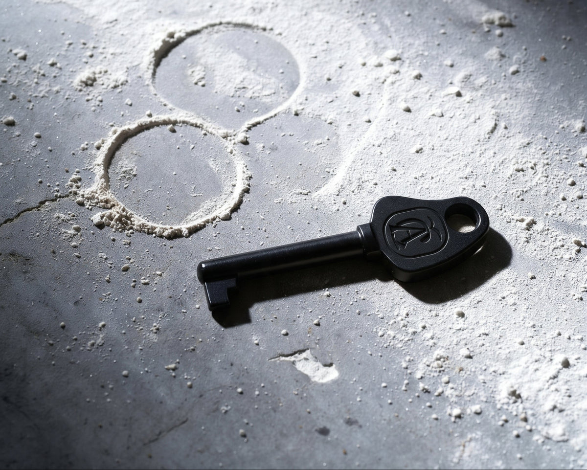 A black metal key with a circular head lies on a textured gray concrete surface, next to two hand-drawn circular outlines.