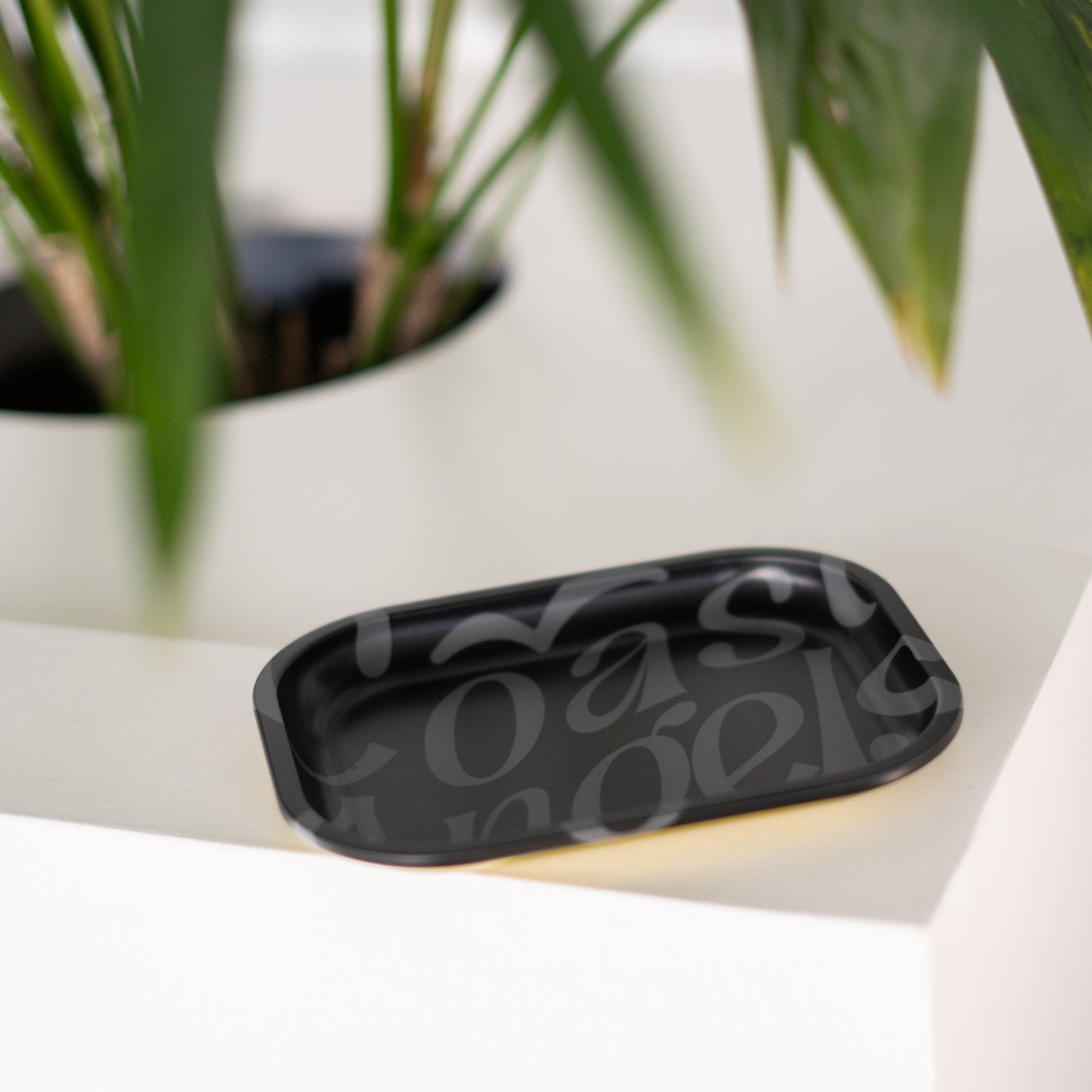 Coast Angels rolling tray from the Hackney Kit placed beside a green plant, highlighting its sleek design and functional aesthetic.