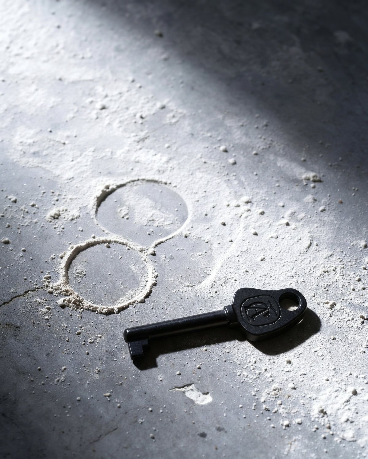 A black metal key with a circular head lies on a textured gray concrete surface, next to two hand-drawn circular outlines.