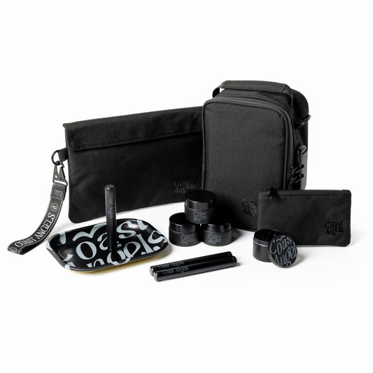 Black Coast angels set of bags, jars, trays and rolling tray on white background 