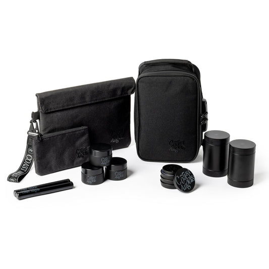 Black Coast Angels smell proof bag with accessories on a white background